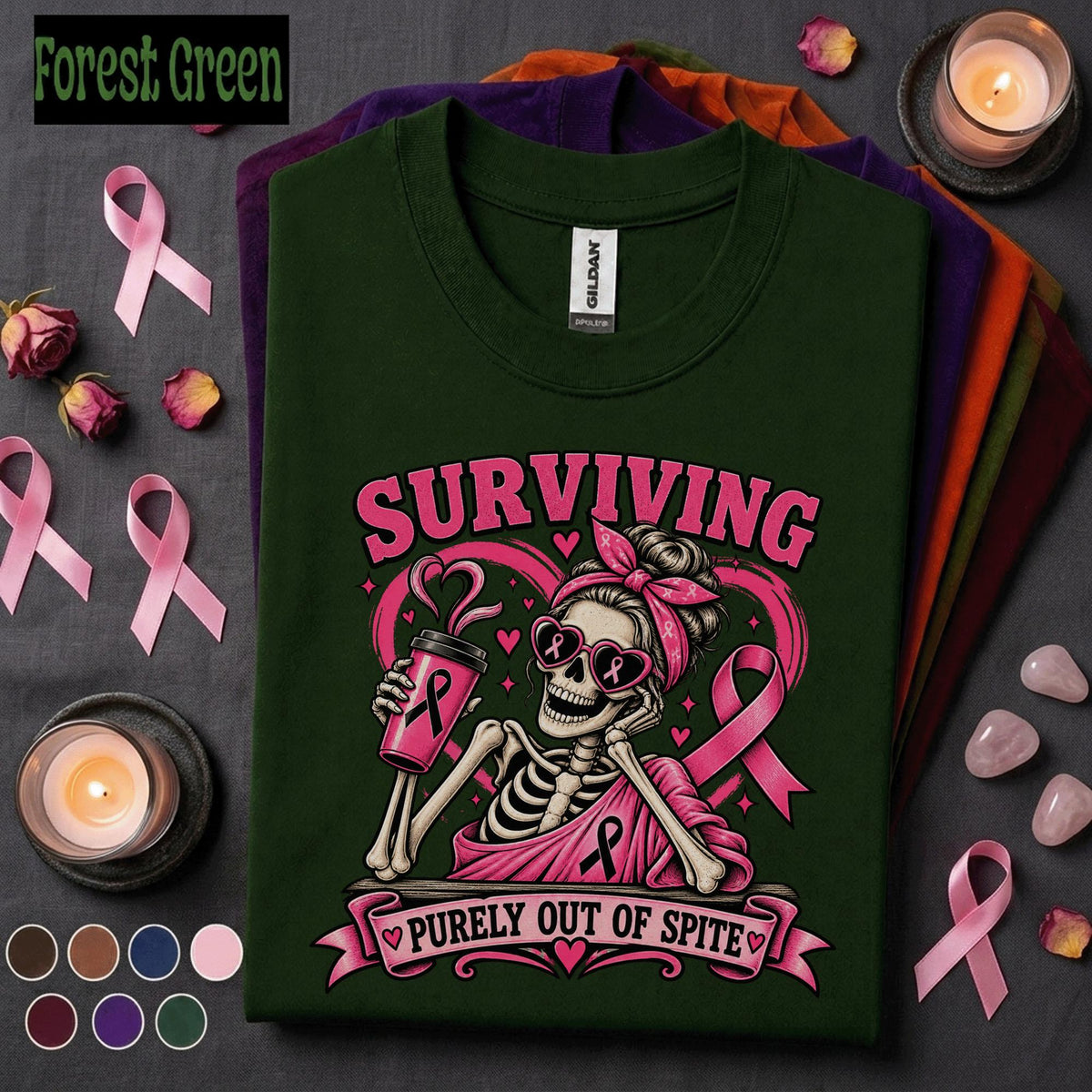 Breast Cancer Survivor Shirt, Surviving Purely Out of Spite Tee, Pink Ribbon Skeleton Shirt, Funny October Awareness Gift for Women