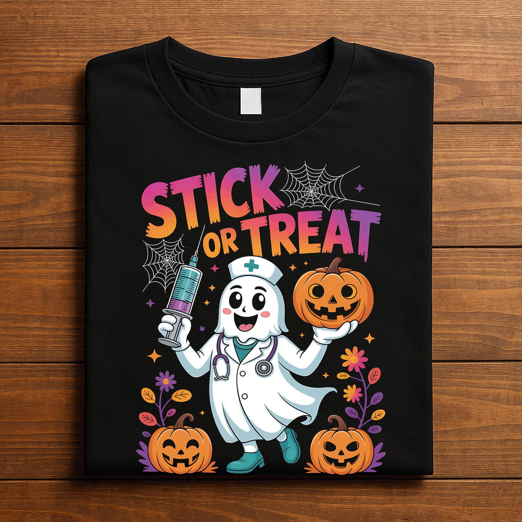 Stick Or Treat Nurse Shirt Funny Nurse Halloween Ghost With Pumpkin Syringe Doctor Nurse Tee Medical Spooky Season Co...