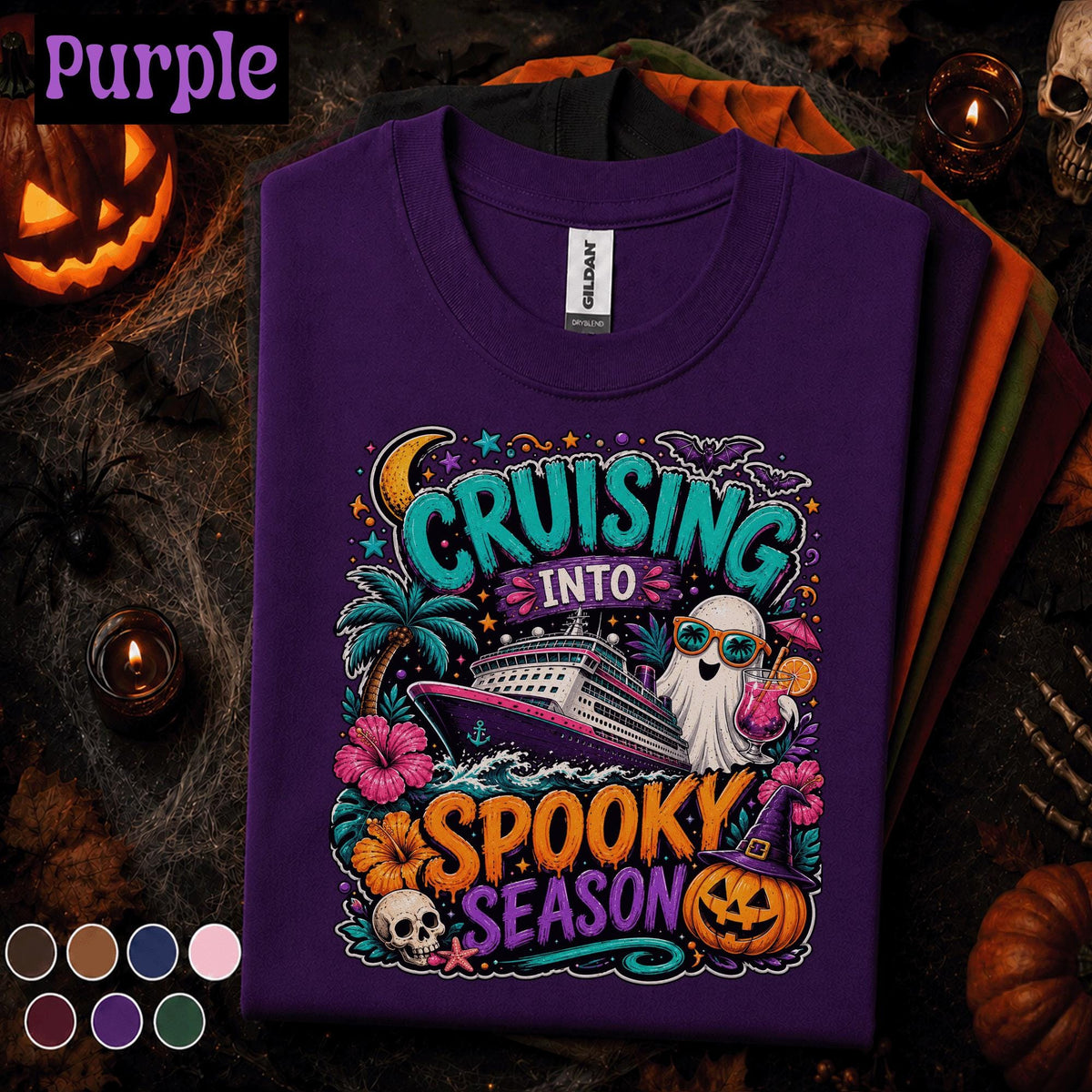 Cruising Into Spooky Season Shirt, Halloween Cruise Vacation Tee, Ghost Pumpkin Cruise Ship Shirt, Tropical Halloween Group Trip Gift