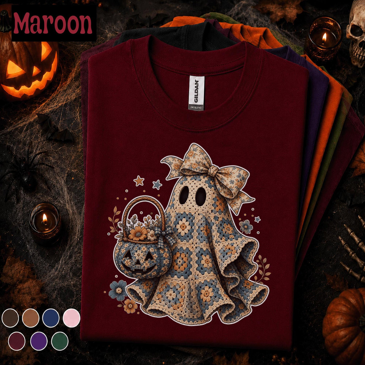 Crochet Ghost Halloween Shirt, Granny Square Ghost Tee, Cute Floral Pumpkin T Shirt, Cottagecore Spooky Season Gift for Women Girls