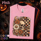 Floral Skull Halloween Shirt, Gothic Daisy T Shirt, Spooky Season Tee, Checkerboard, Celestial Witchy Fall Gift for Women