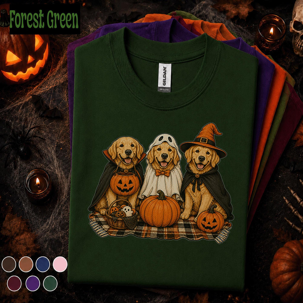 Golden Retriever Halloween Shirt, Three Dogs in Costumes Tee, Cute Ghost Witch Vampire Dog Shirt, Pumpkin Pet Lover Spooky Season Gift