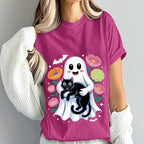 Cute Ghost Holding Black Cat with Flowers Shirt, Kawaii Spooky Halloween Ghost Tee, Haunted Cat Lover Costume Top, Ghost Cat Halloween Shirt