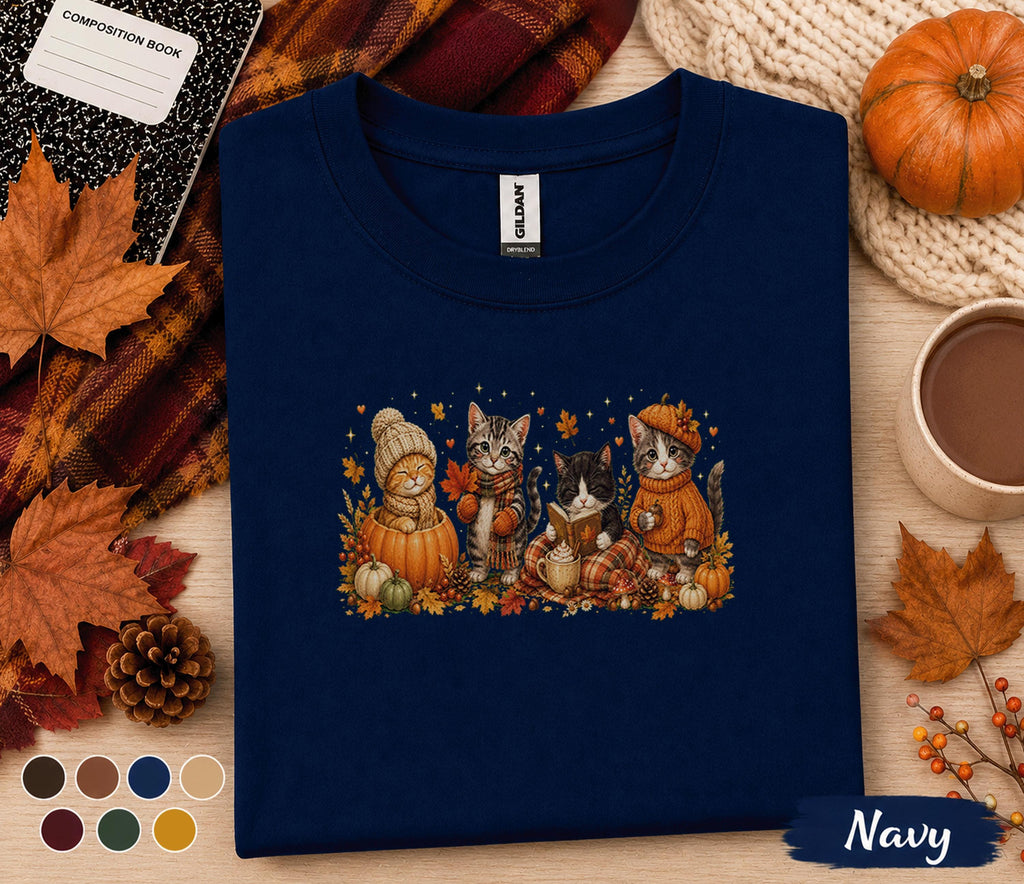 Cute Fall Cats Shirt, Autumn Kitten Pumpkin Tee, Cozy Thanksgiving Cat Lover Gift, Pumpkin Spice Season Unisex T-Shirt