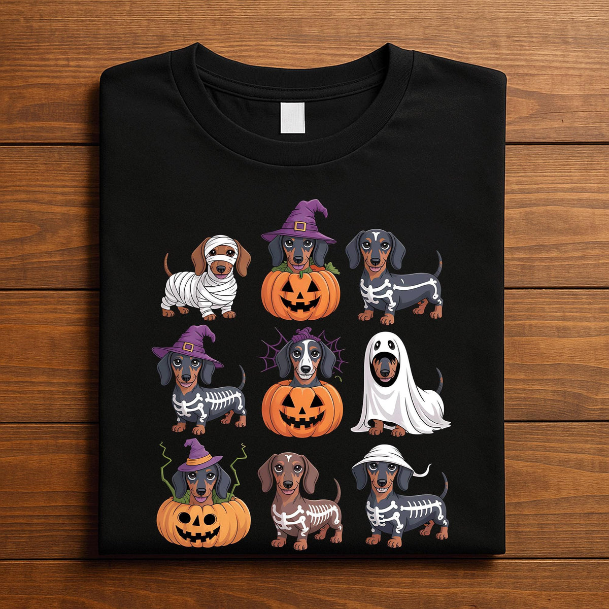 Halloween Dog Shirt Dachshund Puppy In Pumpkin Skeleton Ghost Witch Costumes Cute Funny Spooky Season Tee Dog Lovers Moms Dads Pet Owners