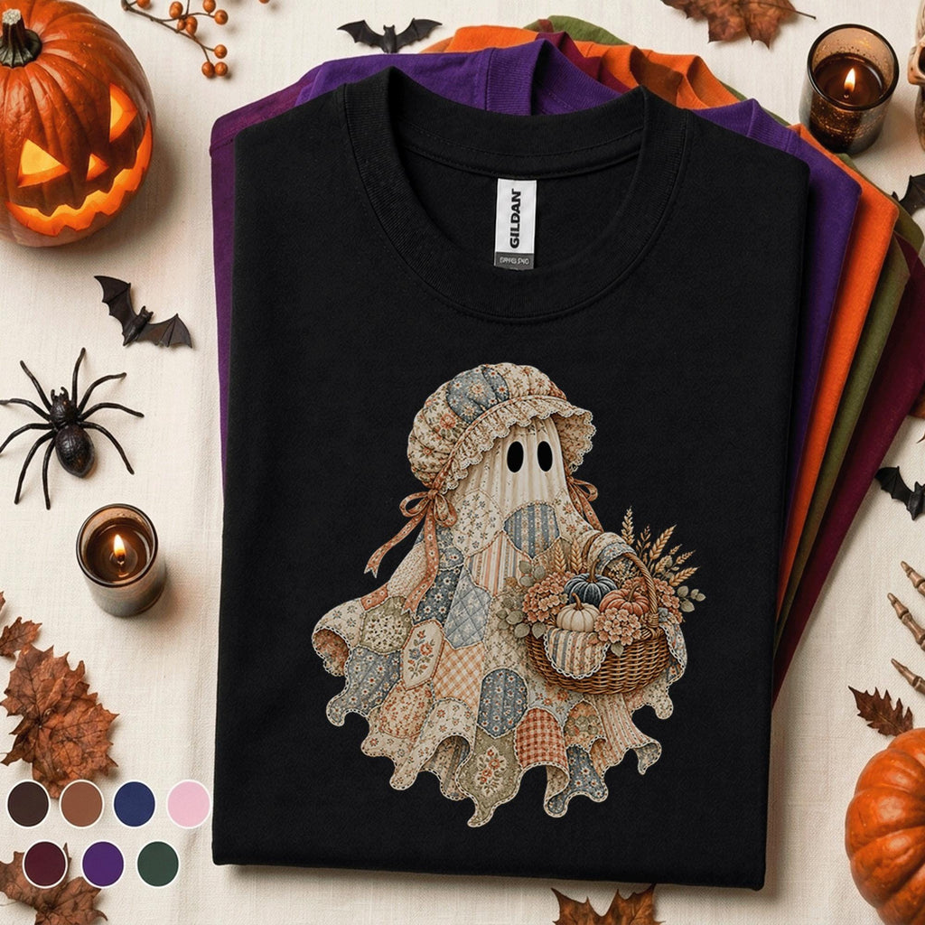 Patchwork Ghost Halloween Shirt, Cottagecore Pumpkin Ghost Tee