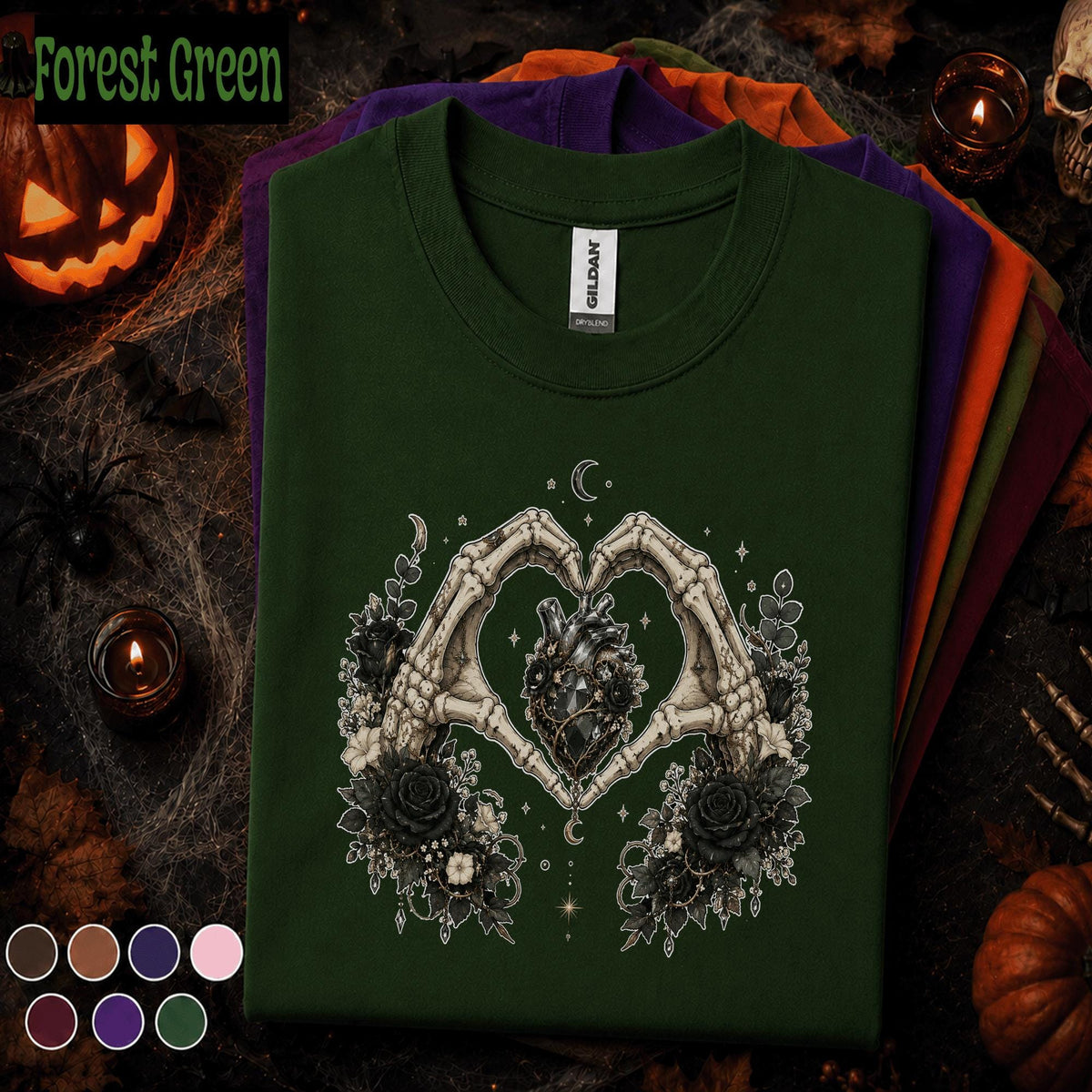 Gothic Skeleton Hands Halloween Shirt, Dark Floral Heart Tee, Black Rose Spooky Shirt, Witchy Goth Gift, Celestial Halloween Tee