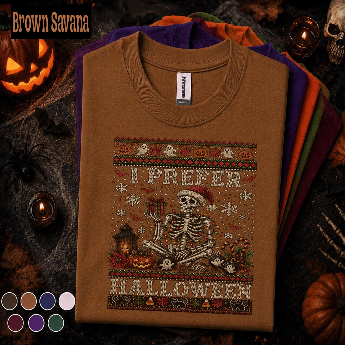 I Prefer Halloween Christmas Shirt, Skeleton Santa Spooky Holiday Tee, Funny Halloween Christmas T Shirt, Gothic Xmas Skeleton Gift Tee