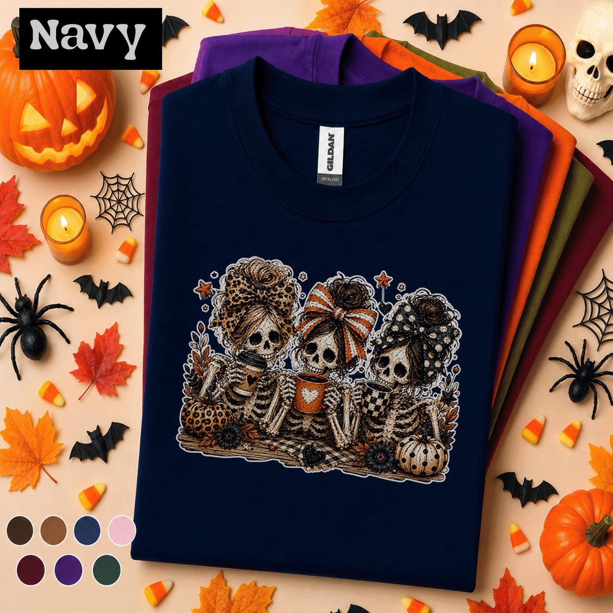 Skeleton Besties Halloween Shirt, Spooky Coffee T Shirt, Cute Bow Skeleton Tee, Pumpkin Fall Shirt, Halloween Girls Gift Tee