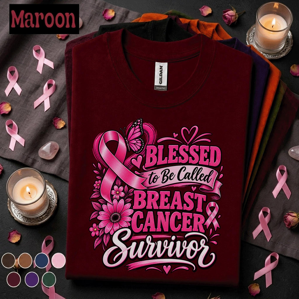 Breast Cancer Survivor Shirt, Blessed to Be Called Survivor Pink Ribbon Tee, Floral Butterfly Awareness Shirt, October Support Gift Women