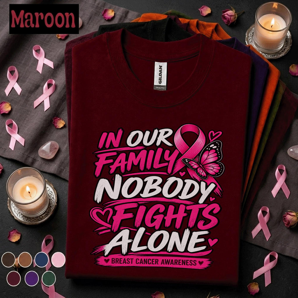 Breast Cancer Awareness Shirt, Nobody Fights Alone Family Tee, Pink Ribbon Butterfly Shirt, Support Squad Gift for Women Pink October