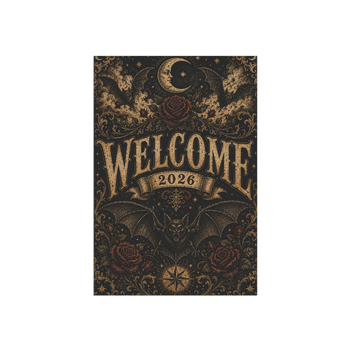 Gothic Bat Halloween Garden Flag, Welcome 2026 Moon Rose Yard Decor, Vintage Witchy Outdoor Flag, Spooky Victorian Halloween Porch Decor
