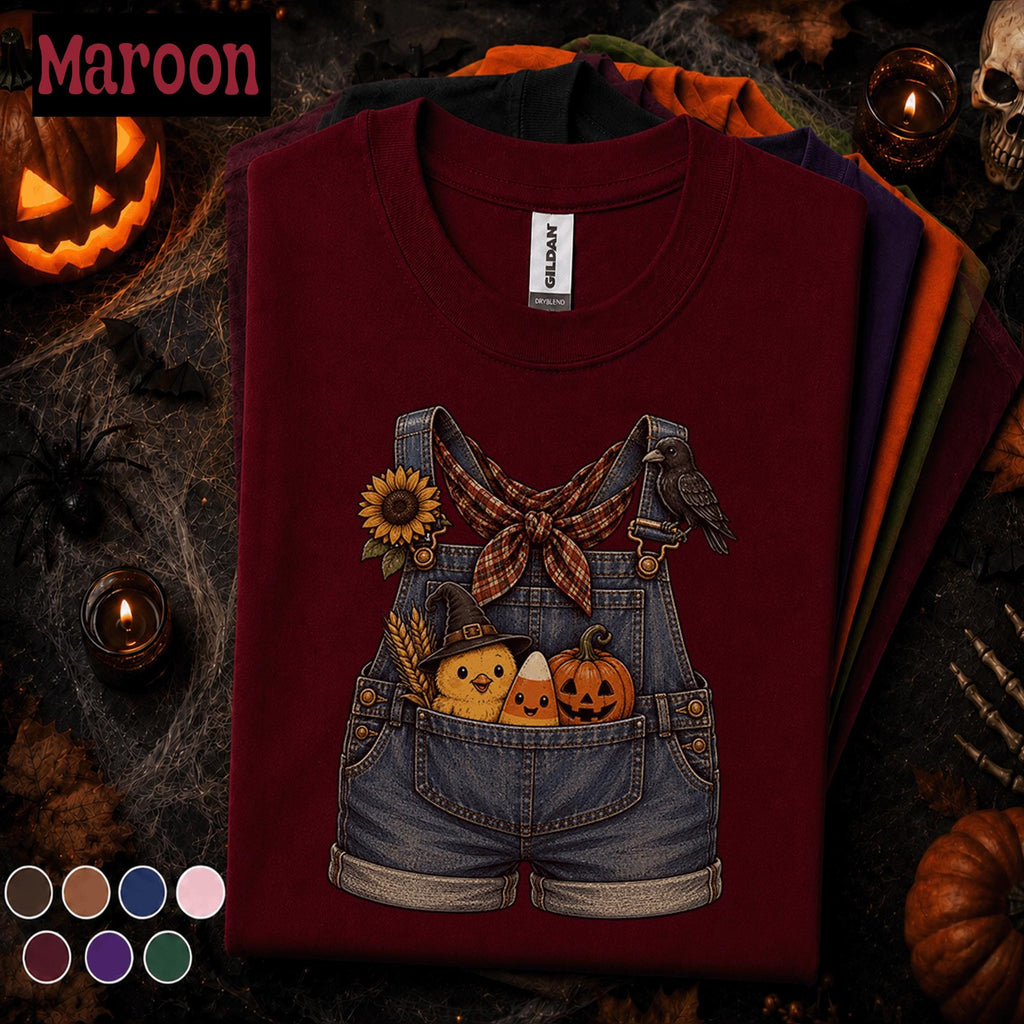 Cute Halloween Overalls Shirt, Pumpkin Candy Corn Chick Tee, Fall Farm Girl, Spooky Crow Sunflower Shirt, Autumn Country Gift