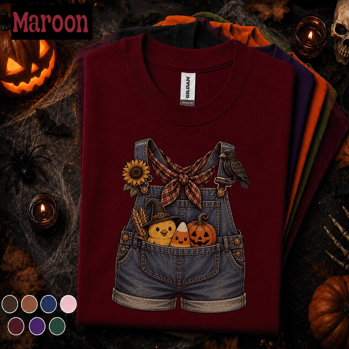 Cute Halloween Overalls Shirt, Pumpkin Candy Corn Chick Tee, Fall Farm Girl, Spooky Crow Sunflower Shirt, Autumn Country Gift