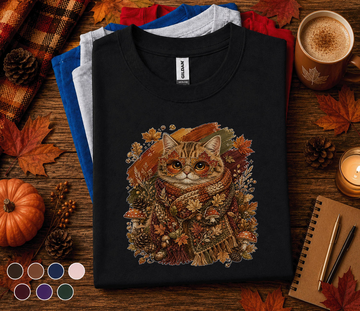 Cute Fall Cat Shirt, Cozy Autumn Kitten with Leaf Glasses Tee