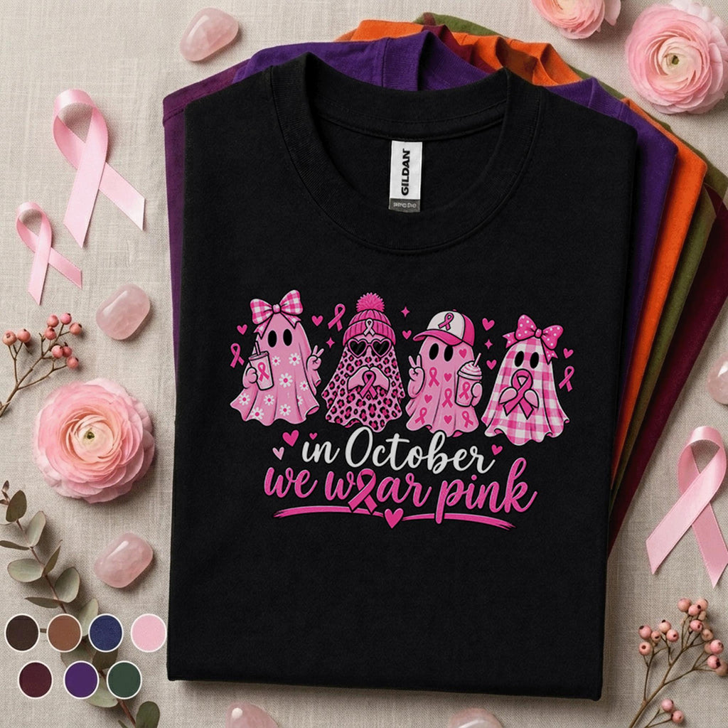 Breast Cancer Awareness Shirt, In October We Wear Pink Ghost Tee, Pink Ribbon Halloween Shirt, Cute Spooky Season Support Gift for Women