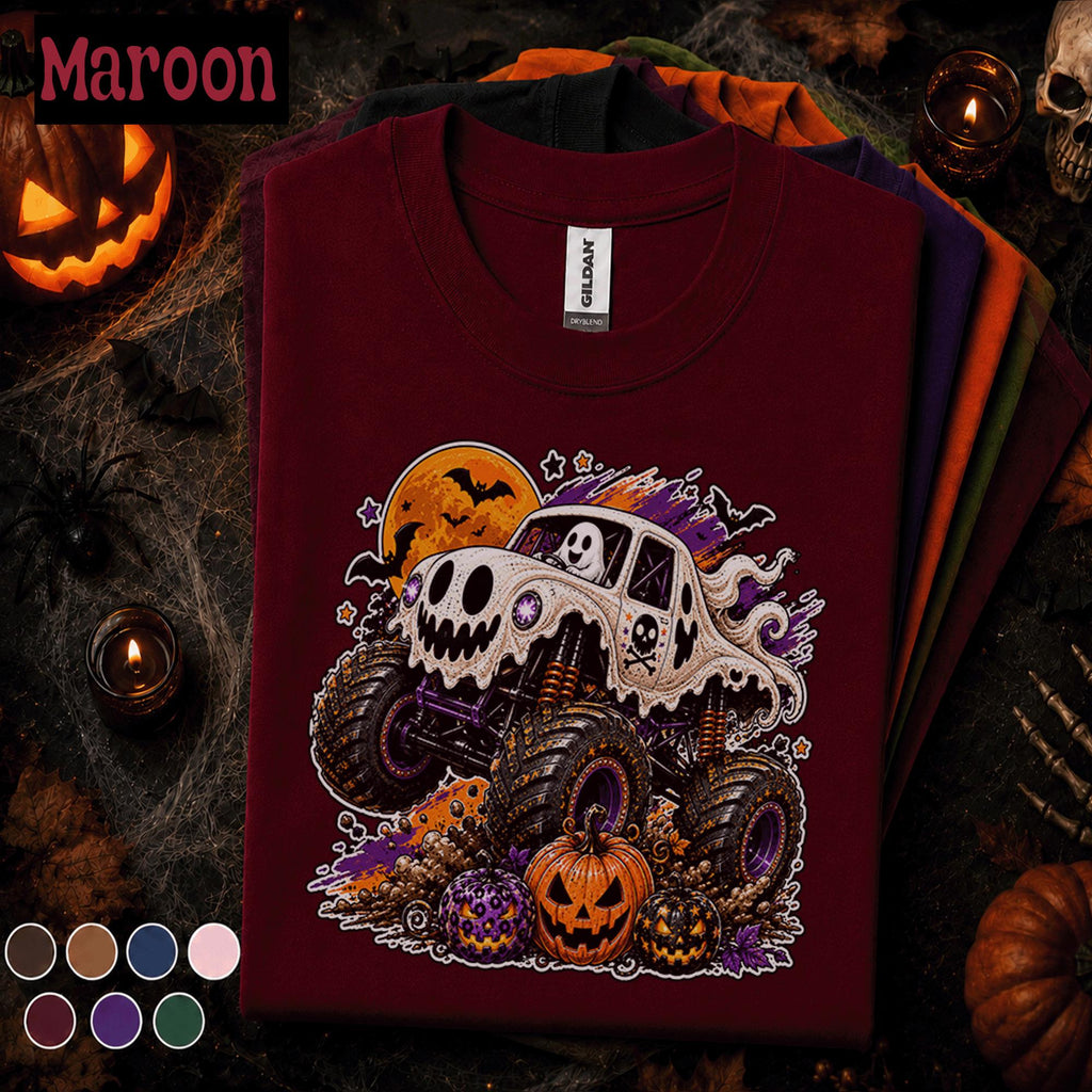 Ghost Monster Truck Halloween Shirt, Spooky Truck Pumpkin Tee, Cute Ghost Racing T Shirt, Halloween Monster Truck Gift for Kids Adults