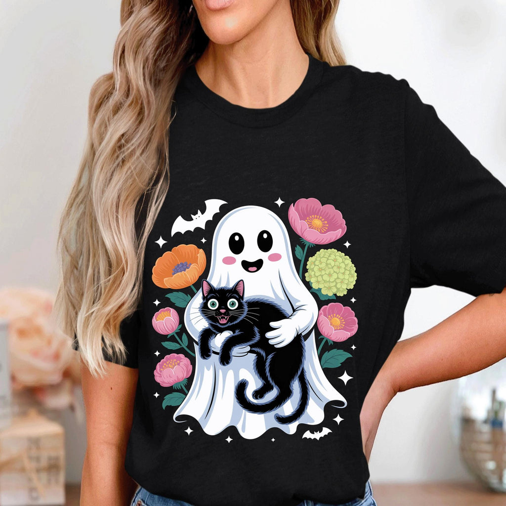 Cute Ghost Holding Black Cat with Flowers Shirt, Kawaii Spooky Halloween Ghost Tee, Haunted Cat Lover Costume Top, Ghost Cat Halloween Shirt
