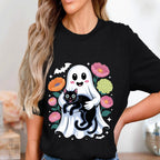 Cute Ghost Holding Black Cat with Flowers Shirt, Kawaii Spooky Halloween Ghost Tee, Haunted Cat Lover Costume Top, Ghost Cat Halloween Shirt