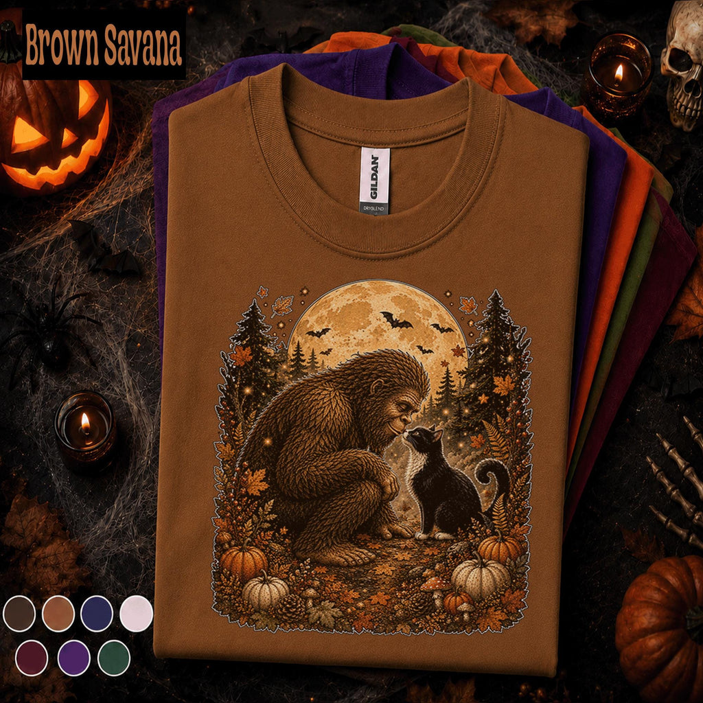 Bigfoot Halloween Shirt, Sasquatch Black Cat Tee, Full Moon Cryptid, Spooky Forest Fall Shirt, Pumpkin Halloween Gift for Cat Lovers
