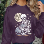 Skeleton Cat Shirt with Full Moon, Spooky Haunted Skeleton and Black Cat Tee, Creepy Cute Halloween Costume Top, Cat Halloween Sweatshirt