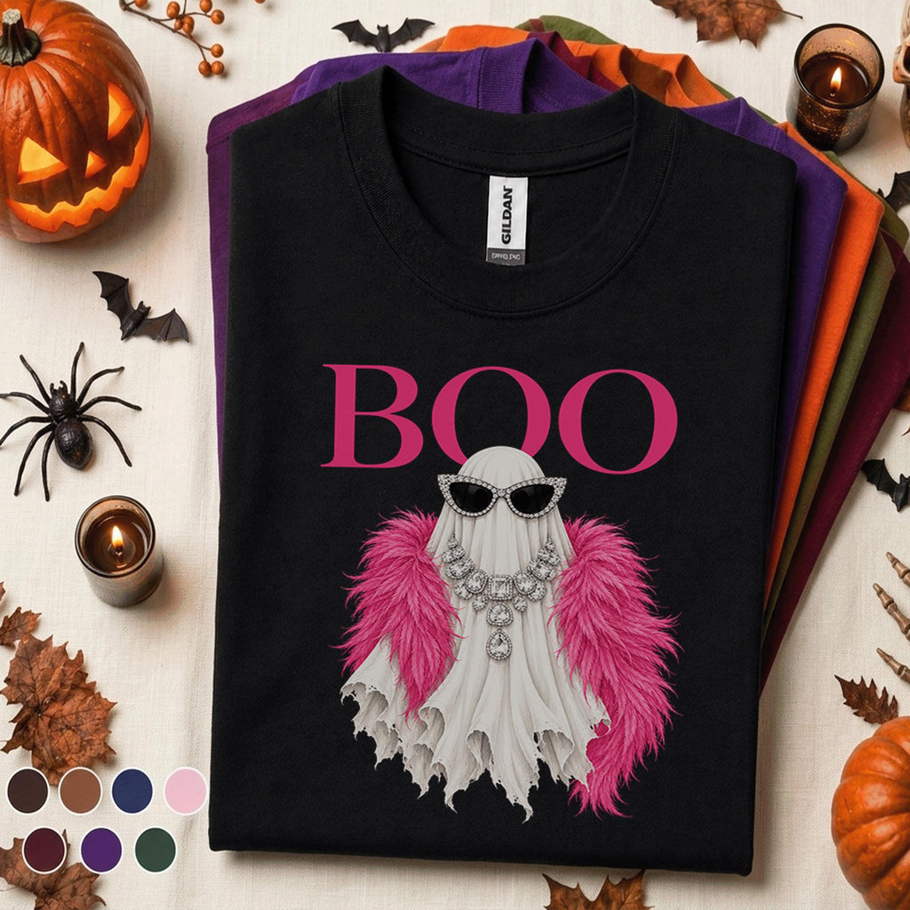 Boo Ghost Halloween Shirt, Pink Glam Ghost Tee