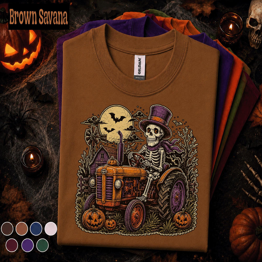 Skeleton Farmer Halloween Shirt, Spooky Tractor Tee, Vintage Farm Halloween T Shirt, Pumpkin Farmer Gift, Gothic Country Tee