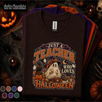 Just a Teacher Who Loves Halloween Shirt, Cute Ghost Teacher Tee, Spooky Pumpkin School Shirt, Retro Fall Classroom Halloween Gift