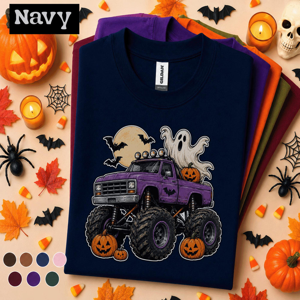 Halloween Monster Truck Shirt, Purple Pickup Ghost Tee, Pumpkin Truck T Shirt, Spooky Off Road, Kids Youth Boys Halloween Gift Truck Lovers