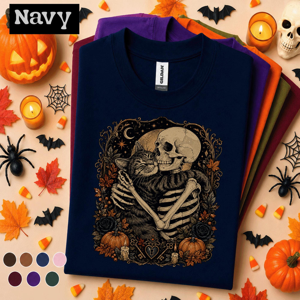 Skeleton Cat Halloween Shirt, Gothic Cat Lover Tee, Spooky Skeleton Hug Shirt, Vintage Halloween Tee, Dark Academia Fall Gift