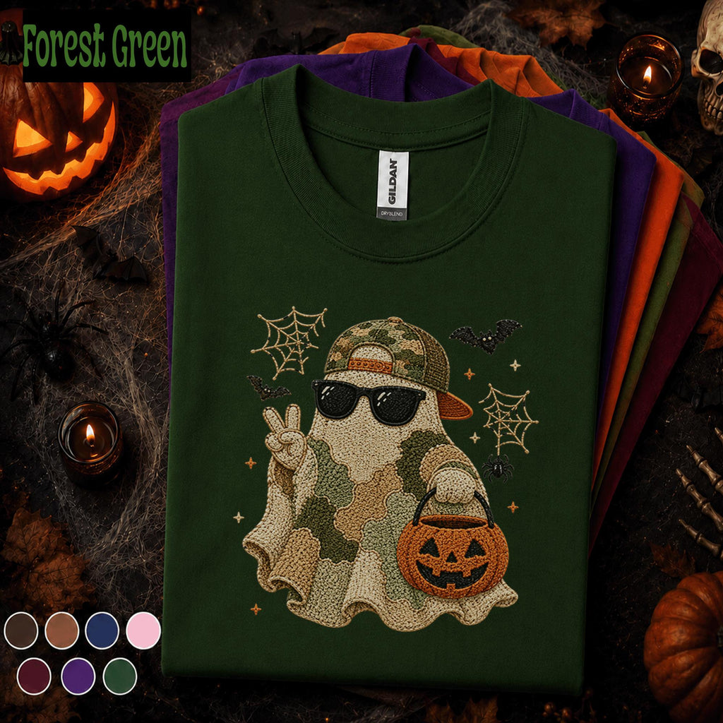 Camo Ghost Halloween Shirt, Cool Ghost Tee, Funny Spooky Season Shirt, Pumpkin Candy Bag, Halloween Gift for Teens