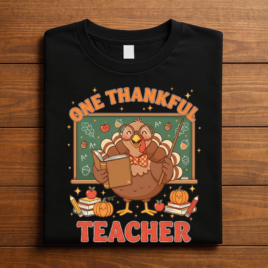 One Thankful Teacher Thanksgiving Shirt Autumn Pumpkin Leaves Cute Fall Outfit Tee, Gift Teacher Thanksgiving Sweatshirt, Teach Thanksgiving