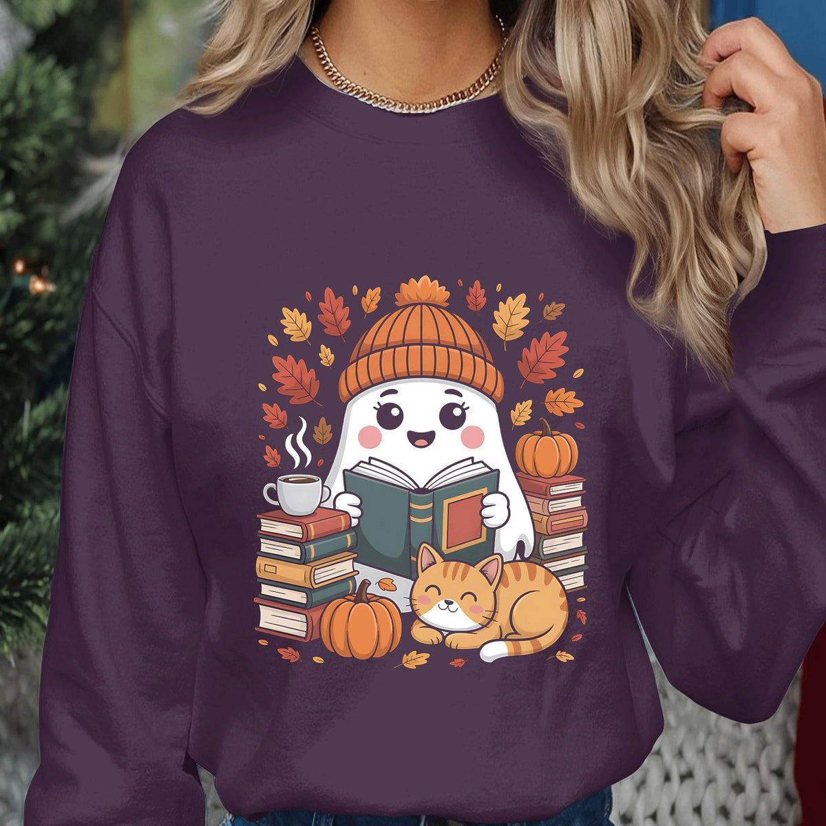 Cute Ghost Reading Books Shirt, Teacher Librarian Halloween Gift, Halloween Book Lover, Halloween School, autumn ghost Sweatshirt Teachers