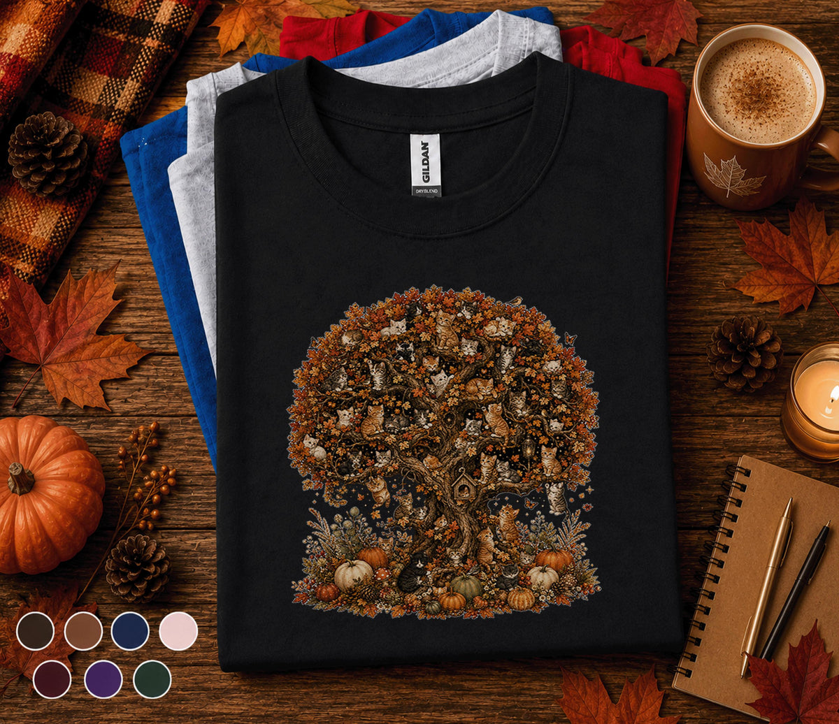 Cute Cat Fall Shirt, Autumn Kitten Tree Tee