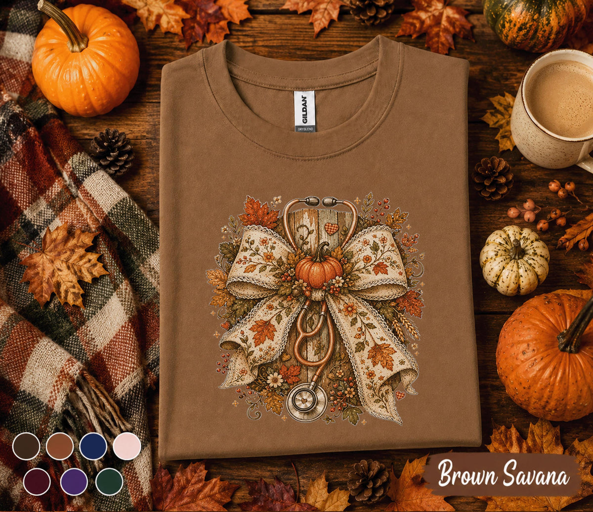 Fall Nurse Bow Shirt, Autumn Nurse Shirt, Floral Stethoscope Pumpkin Tee, Cozy RN Fall Shirt, Nurse Gift, Medical Worker Autumn Sweatshirt