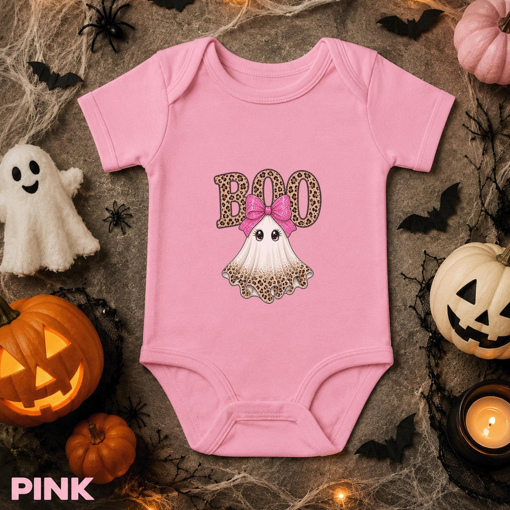 Leopard Ghost Baby Bodysuit, Pink Bow Halloween Outfit, Boo Infant Shirt, Girly Spooky Newborn Gift, First Halloween Baby Costume