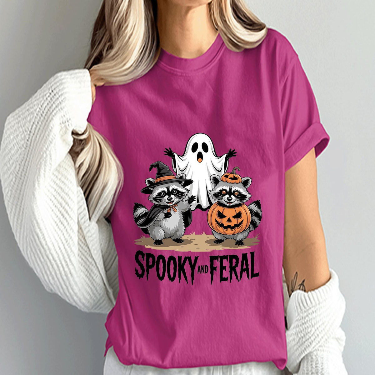 Spooky and Feral Raccoon Shirt, Halloween Raccoon Ghost Tee, Funny Pumpkin Costume Shirt, Fall Animal Lovers Tee, Funny Halloween Sweatshirt