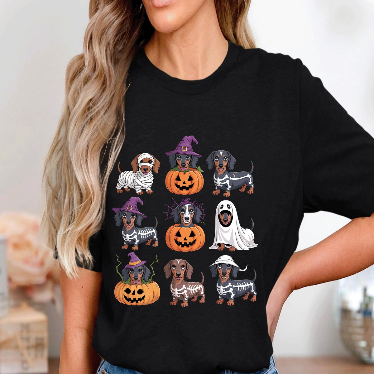 Halloween Dog Shirt Dachshund Puppy In Pumpkin Skeleton Ghost Witch Costumes Cute Funny Spooky Season Tee Dog Lovers Moms Dads Pet Owners
