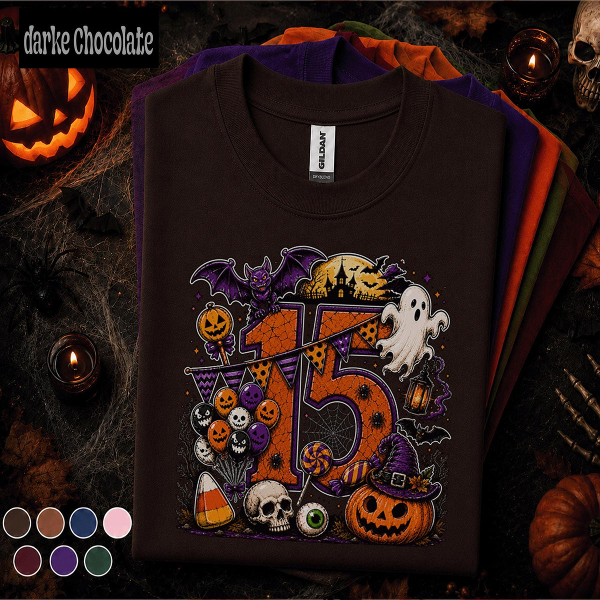 15th Birthday Halloween Shirt, Spooky Number 15 Birthday Tee, October Birthday Party T Shirt, Ghost Pumpkin Witch Teen Halloween Gift