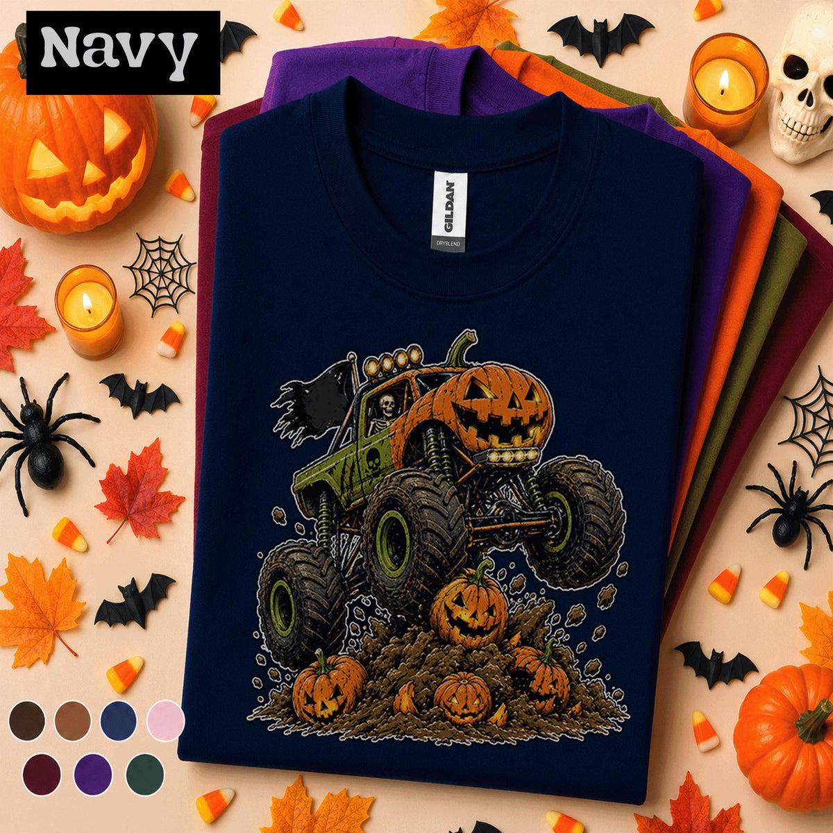 Pumpkin Monster Truck Halloween Shirt, Jack O Lantern Truck Tee, Spooky Racing T Shirt, Kids Skeleton Driver Halloween Gift for Truck Lovers