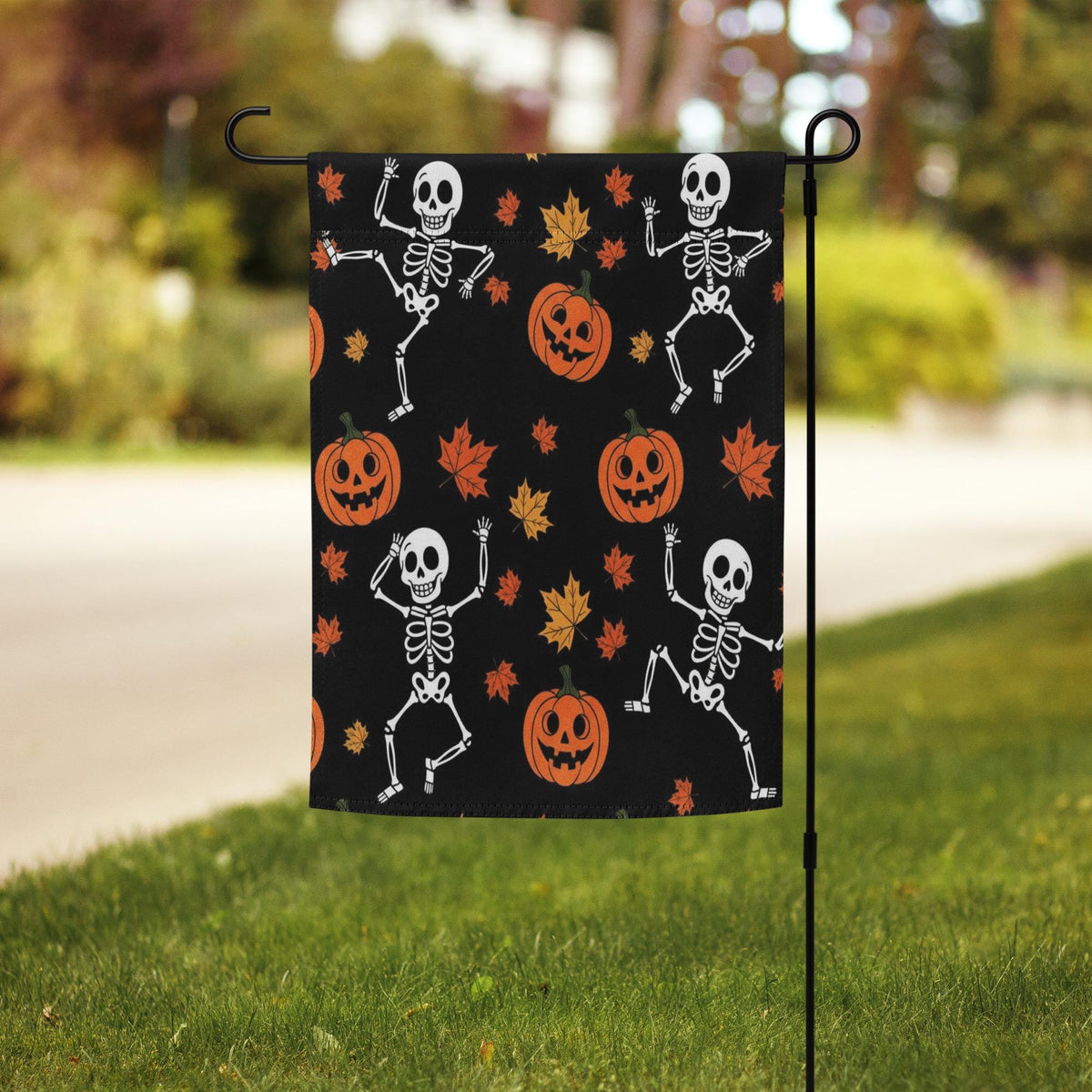 Skeleton Flag Garden, Pumpkin Halloween Decor, Ghoulish Garden Banner, Halloween Garden Flagr, Whimsical Outdoor Decor, Spooky Home Accent