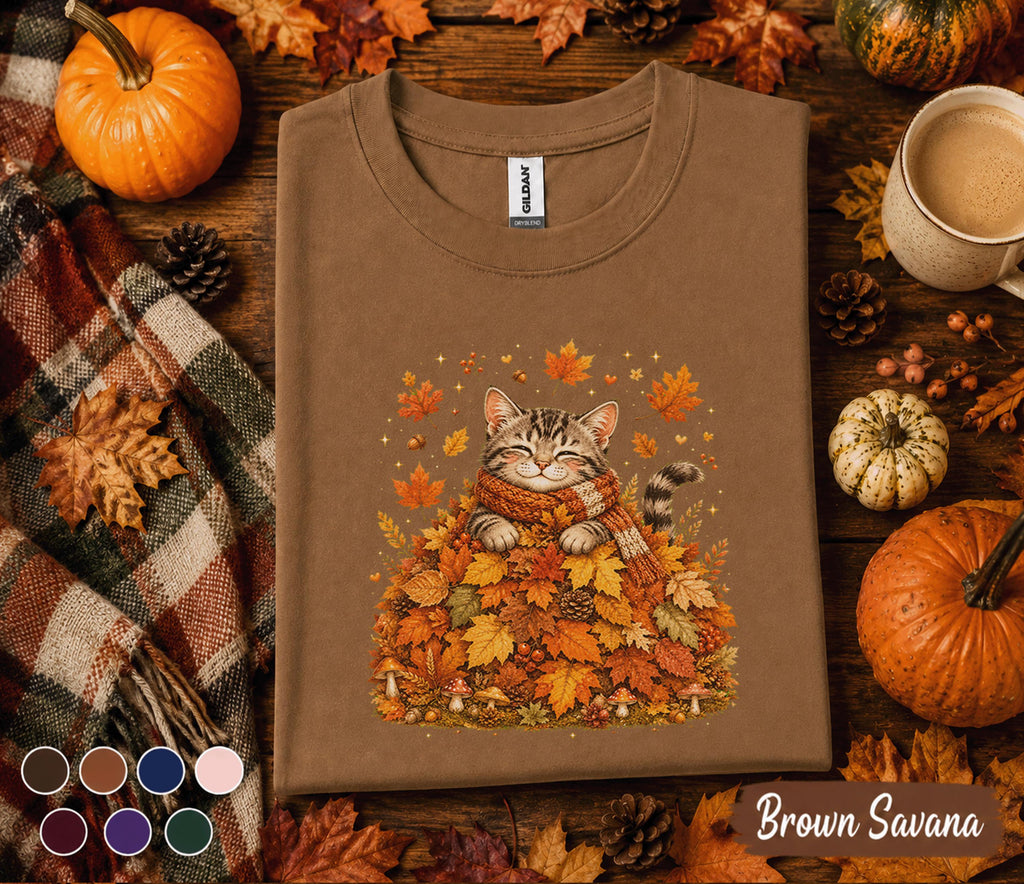 Cute Fall Cat Shirt, Cozy Autumn Kitten Tee, Sleeping Cat in Fall Leaves, Pumpkin Season Cat Lover Gift, Thanksgiving T-Shirt