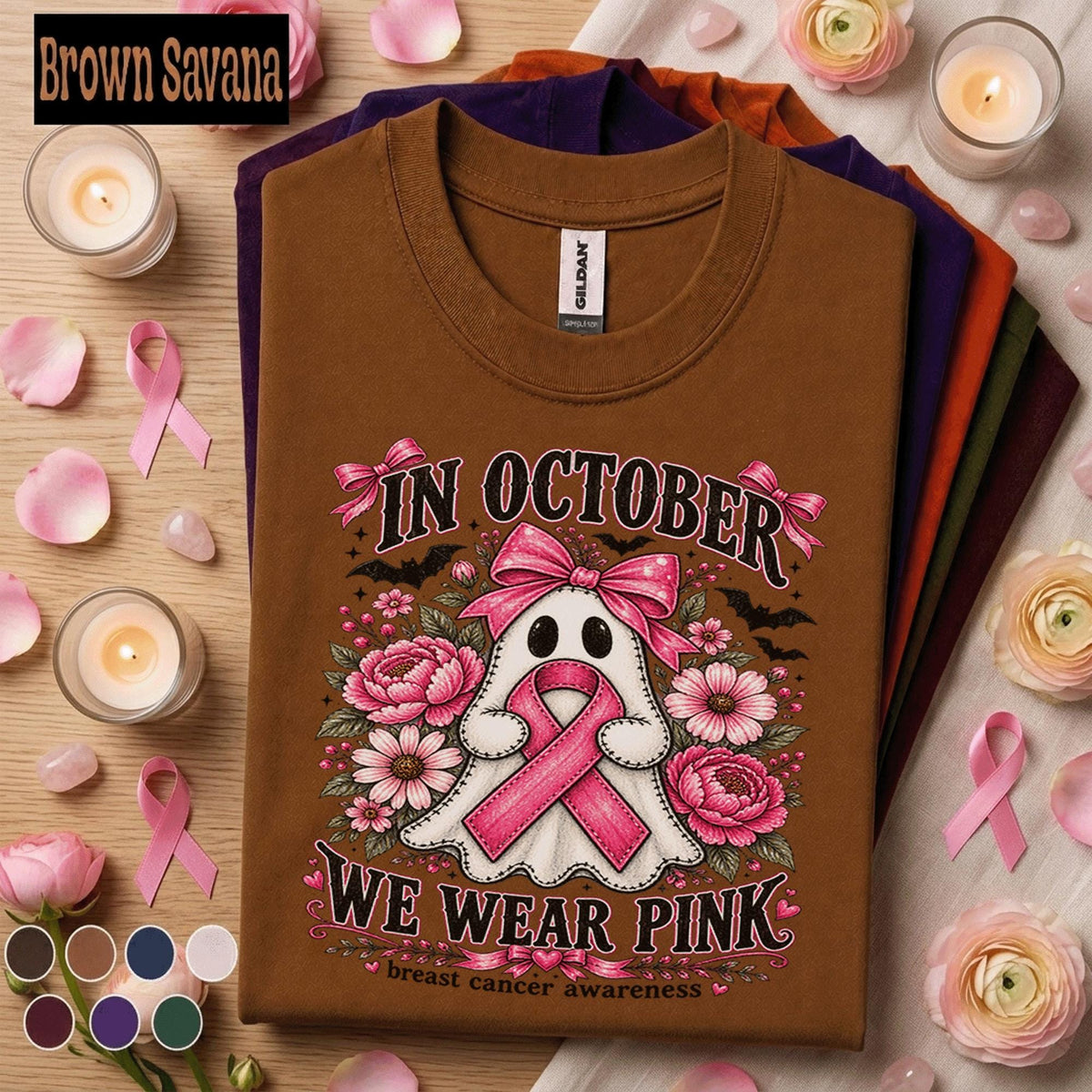 Breast Cancer Awareness Shirt, In October We Wear Pink Tee, Pink Ribbon Ghost Shirt, Halloween Pink Out Floral Support Gift for Women