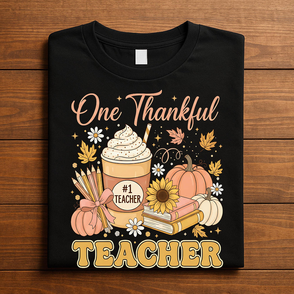 One Thankful Teacher Autumn Pumpkin Shirt Thanksgiving Fall Leaves Classroom Outfit Tee, Gift Teacher Thanksgiving Sw...