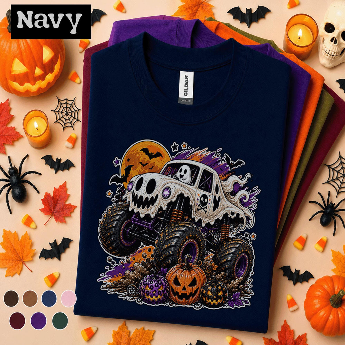 Ghost Monster Truck Halloween Shirt, Spooky Truck Pumpkin Tee, Cute Ghost Racing T Shirt, Halloween Monster Truck Gift for Kids Adults