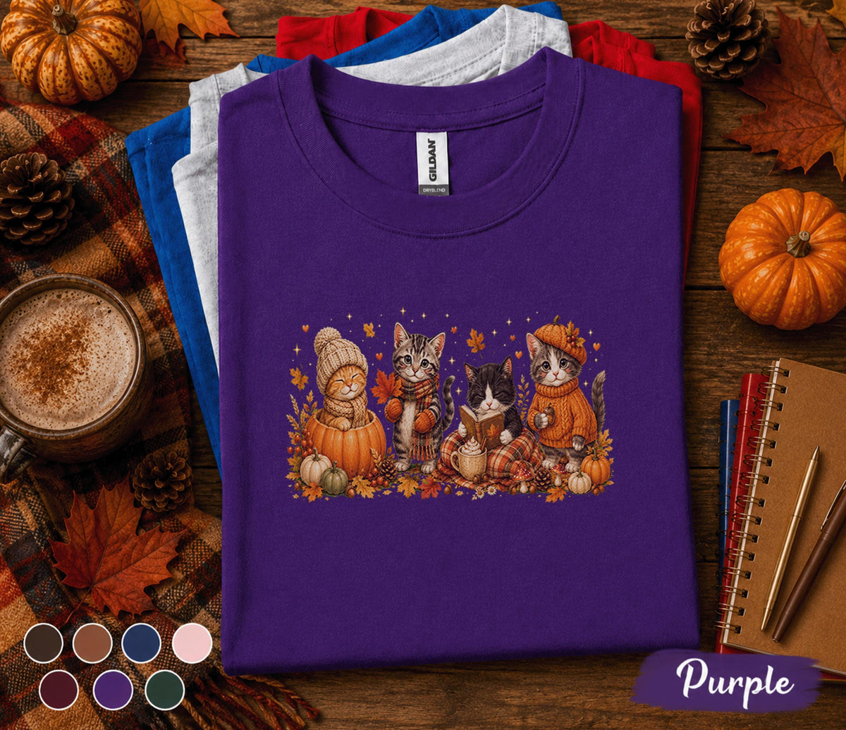 Cute Fall Cats Shirt, Autumn Kitten Pumpkin Tee, Cozy Thanksgiving Cat Lover Gift, Pumpkin Spice Season Unisex T-Shirt