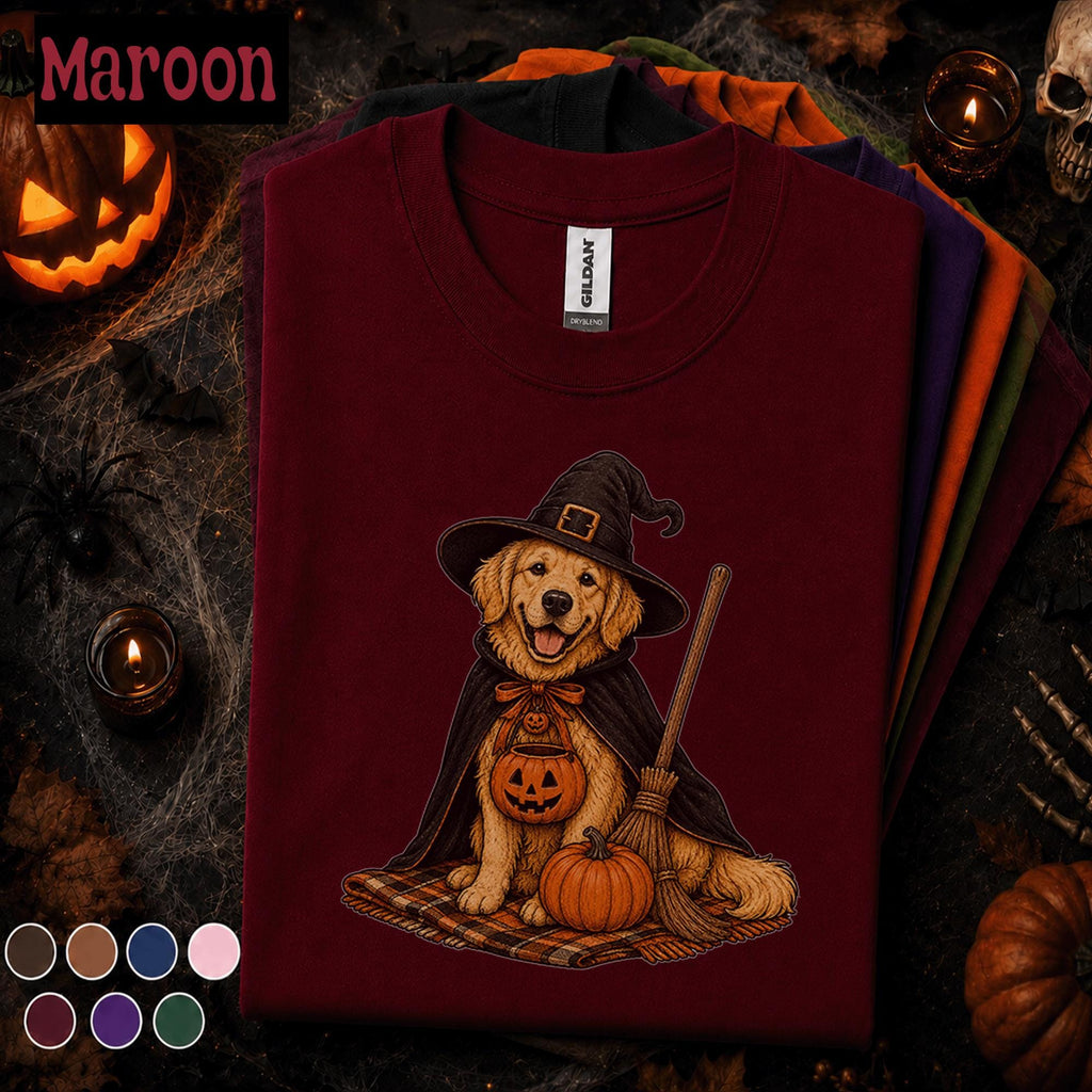 Golden Retriever Witch Halloween Shirt, Cute Spooky Dog Tee, Pumpkin Puppy Shirt, Dog Mom Halloween Gift, Vintage Fall Pet Lover Tee