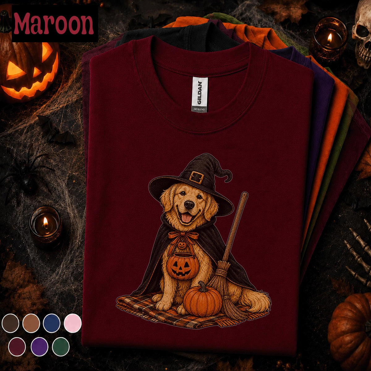 Golden Retriever Witch Halloween Shirt, Cute Spooky Dog Tee, Pumpkin Puppy Shirt, Dog Mom Halloween Gift, Vintage Fall Pet Lover Tee