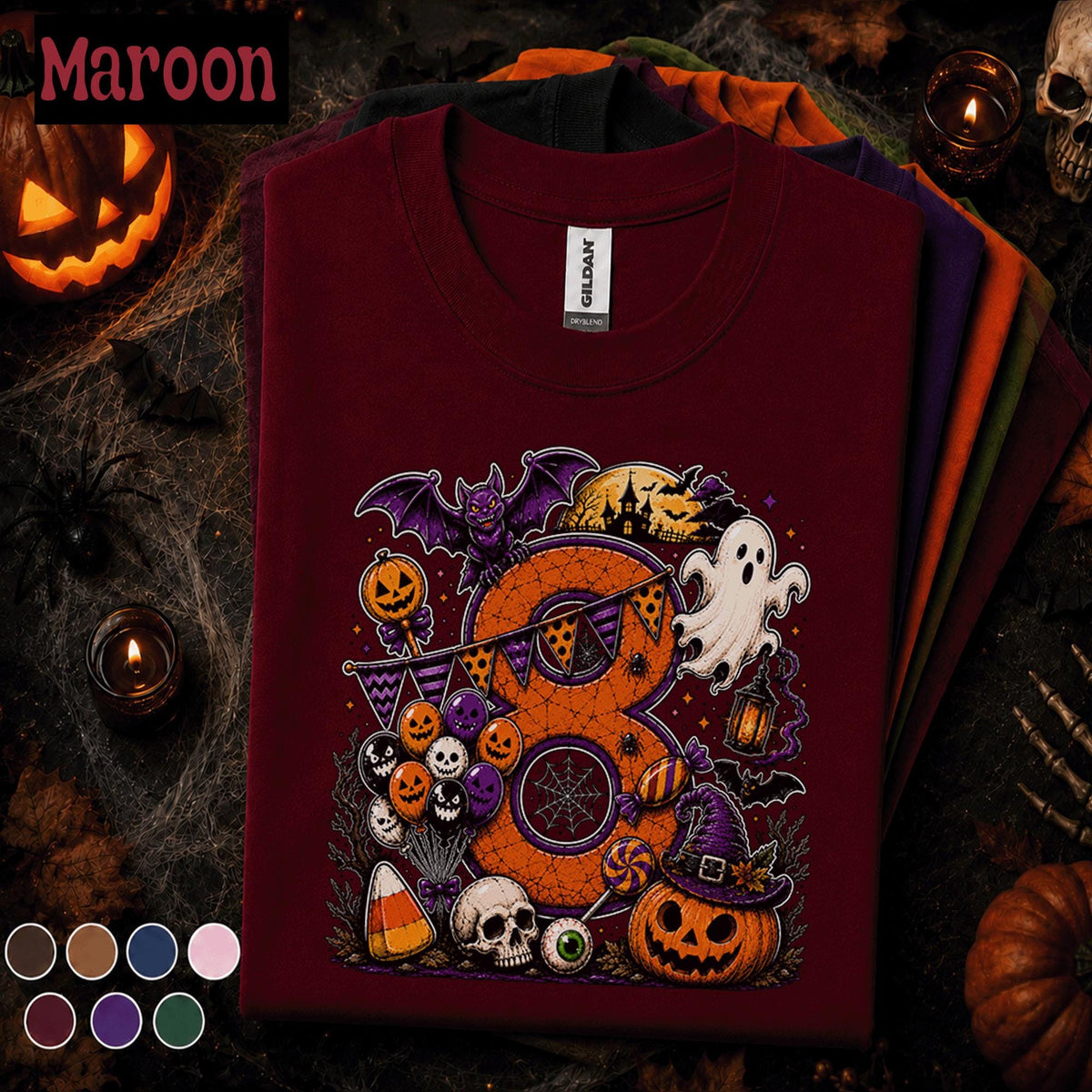 8th Birthday Halloween Shirt, Spooky Number 8 Tee, October Birthday Party Shirt, Ghost Pumpkin Witch Kids Halloween Birthday Gift Girls Boys