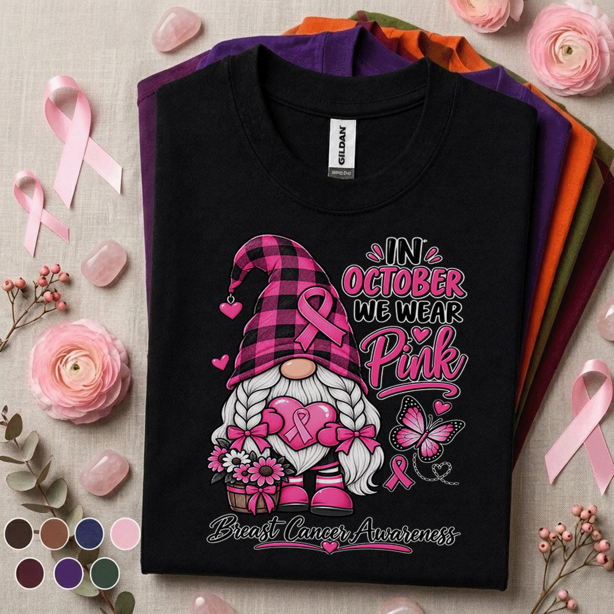 Breast Cancer Awareness Shirt, In October We Wear Pink Gnome Tee, Pink Ribbon Support Shirt, Cancer Warrior Gift, Fall Awareness T Shirt